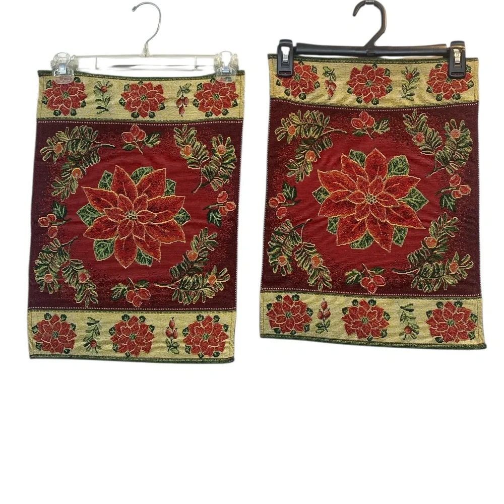Vintage Christmas Poinsettia Tapestry Red and Green Placemats Set of Four